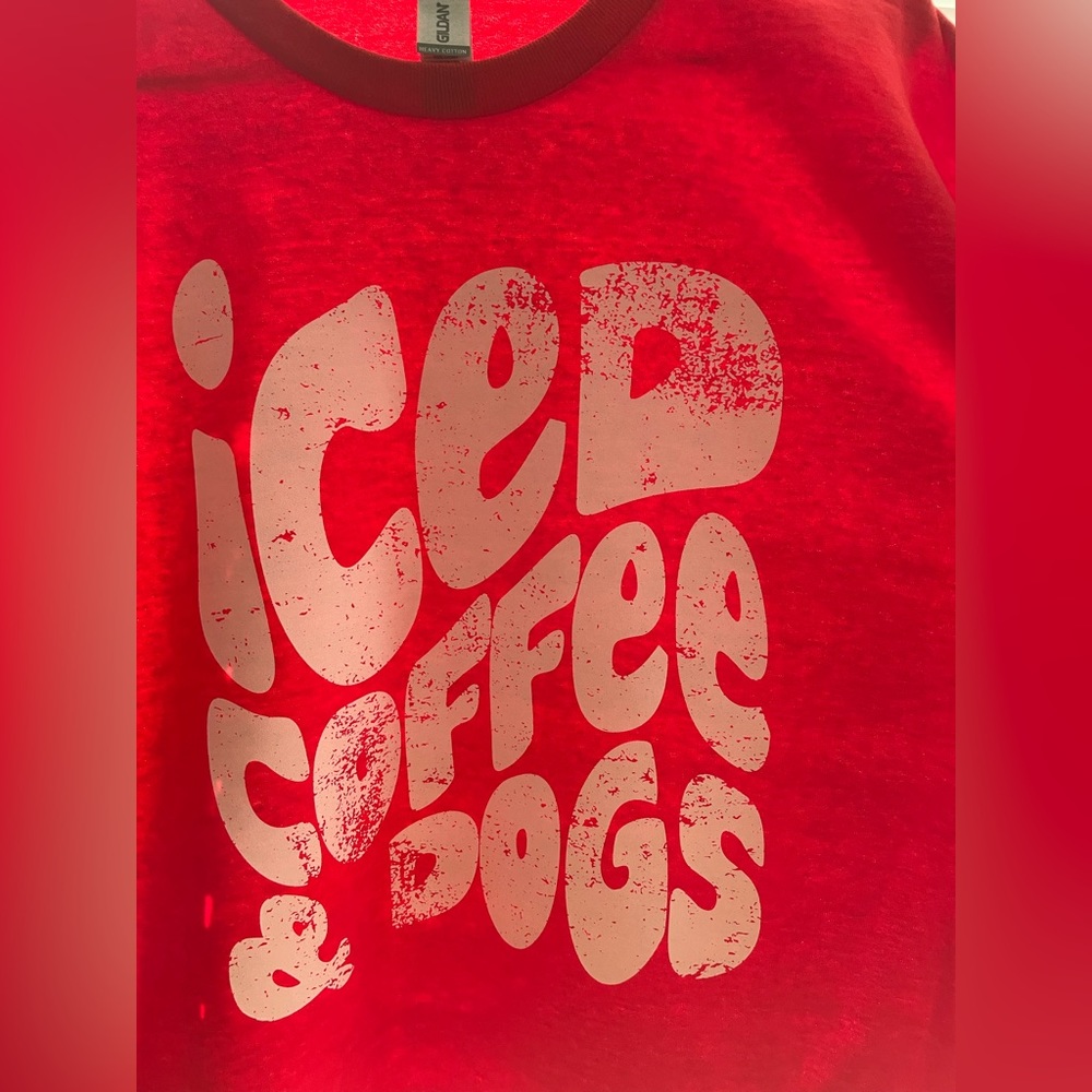Unisex ice coffee and dogs ☕️🐶   White letters on this bright red shirt